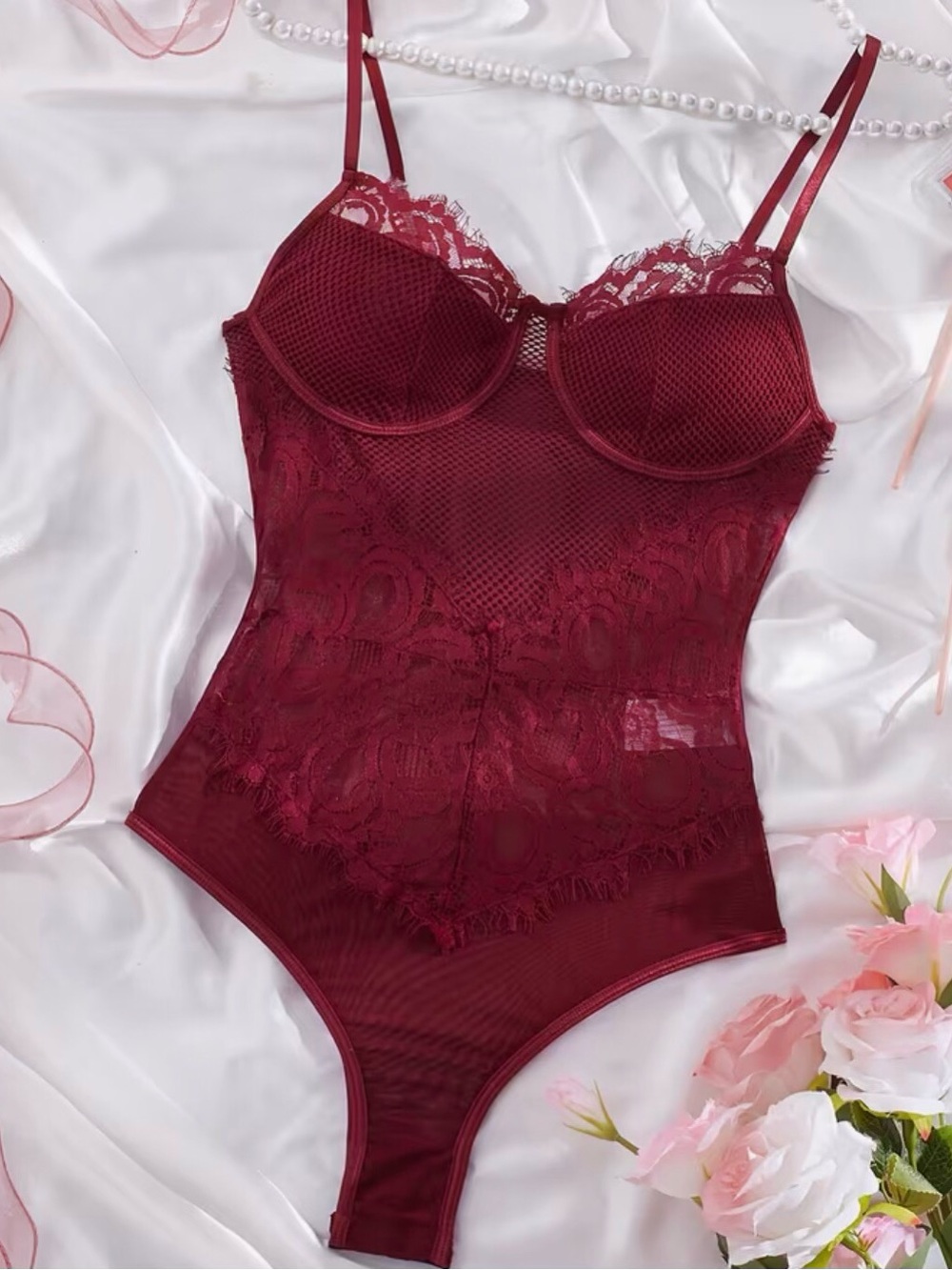 Burgundy Lace Mesh Bodysuit